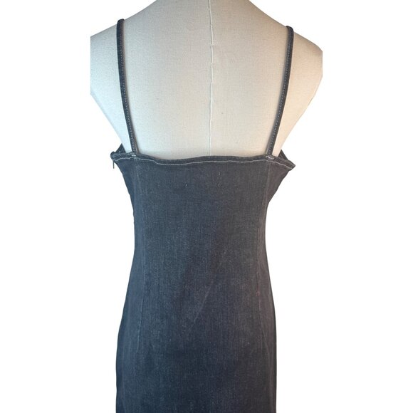 Topshop Size 8 Black Denim Spaghetti Strap Midi Front Slit Jean Dress - Picture 10 of 15